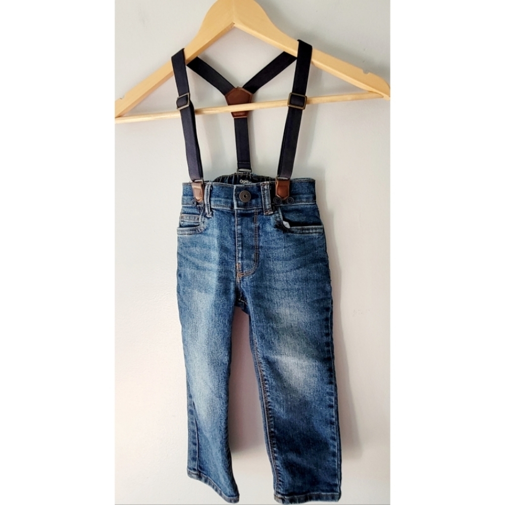 Oshkosh B Gosh Boys Blue Denim 5 Pocket Jeans with Attached Suspeners Size 2T